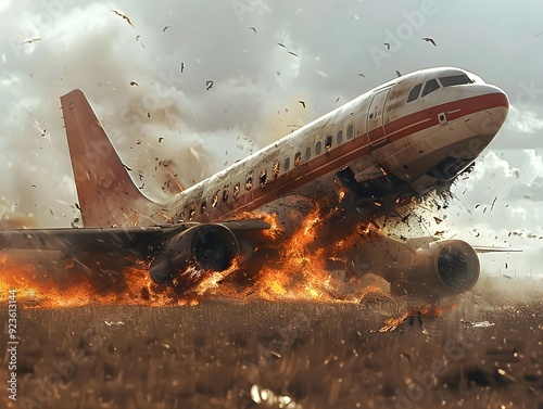 An airplane crashes amidst a field and ignites in flames during a dramatic emergency landing