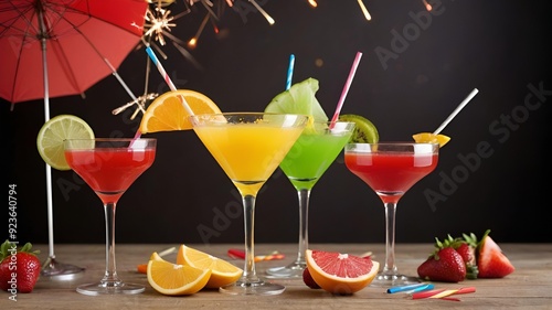 Vibrant Assorted Cocktails with Fresh Fruits and Garnishes at a Party