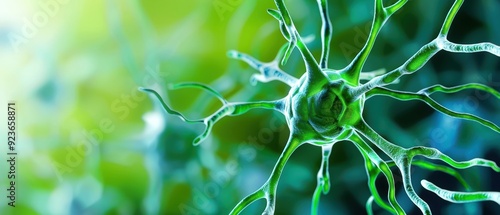 Close-up of a green neuron cell in a neural network, showcasing the complexity of brain and nervous system biology.