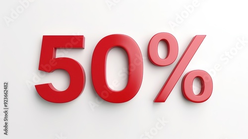 Red 50% sign on white background, representing a half-price discount or promotional offer. Modern and minimalistic design for sales and marketing use.