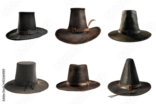 Six Leather Pilgrim Hats with Buckles and Straps