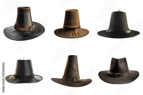 A Collection of Six Leather Pilgrim Hats