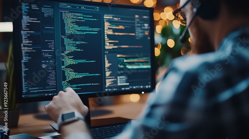 A programmer working on code with multiple screens in a well-lit workspace, showcasing technology and creativity.