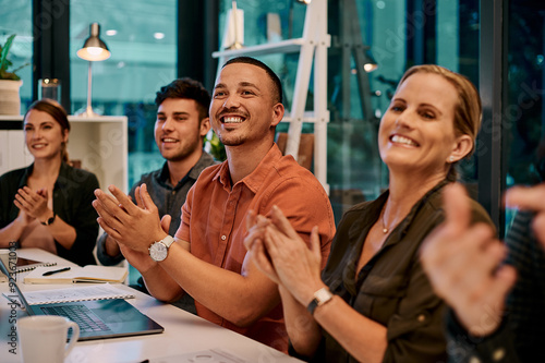 Office, business people and applause in meeting for success, achievement and company celebration for finance update. Career, employees and clapping hands for presentation, target victory or support