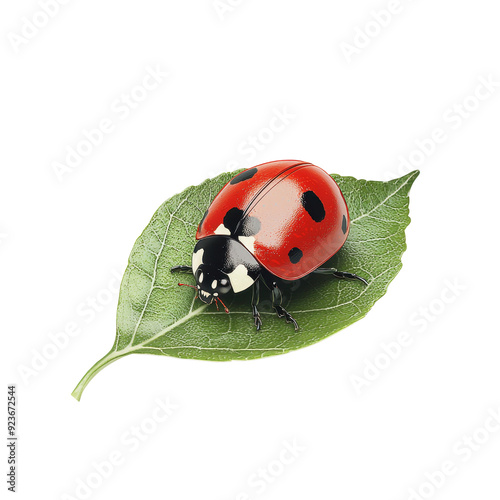 Red ladybug perched on a green leaf cut out transparent isolated on white background PNG