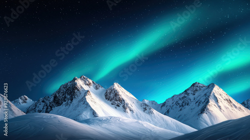 Captivating nighttime view of snowy mountain peaks under a vivid aurora borealis sky, casting a mesmerizing glow.