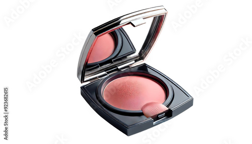 Open compact powder blush with mirror, featuring a rosy hue for a natural glow. Ideal for highlighting and contouring your makeup look.