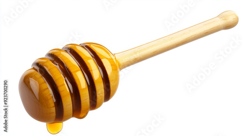 Wooden honey dipper dripping with honey, isolated on a white background.