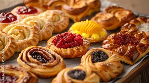 An assortment of Danish pastries on a tray, each with different fillings and shapes