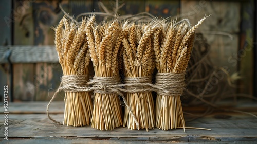 A rustic scene with golden wheat sheaves tied with natural twine, arranged neatly on a weathered wooden table, with the soft,