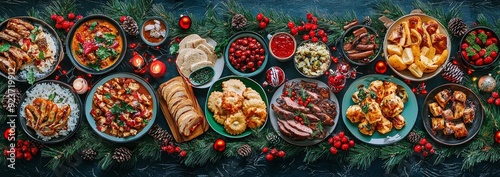 In a flat-lay display of human hands holding glasses with drinks, celebrating holiday together, top view, wide composition, friends gather for Christmas or New Year's dinner at a festive table.