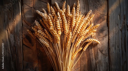 An overhead shot of golden wheat sheaves, neatly arranged in a circular pattern on a rustic wooden table, with sunlight casting intricate shadows,