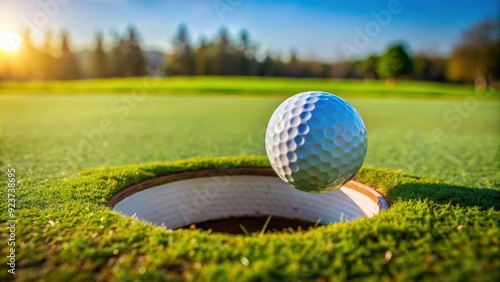 Golf ball precariously balanced on the lip of a golf hole , sports, golf, close-up, challenge, competition