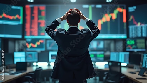 Stressed Stock Exchange Trader Can't Apprehend a Sudden Stock Market Collapse. Financial Crisis Concept with Stock Broker Saddened by Negative Ticker Information, Red Graphs and Real-Time Data