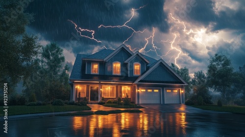 A cozy suburban house glows warmly amid a fierce thunderstorm, with lightning striking dramatically against a darkened sky