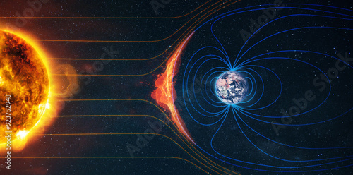 Earth's magnetic field. Sun-Earth connection space weather. Blasts of perticles and magnetic field from the sun impact magnetosphere. Magnetic bubble around the Earth. plasma