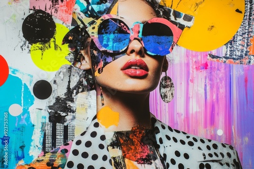 A striking collage showcases vivid colors and patterns, highlighting a figure adorned with statement accessories against a pop art backdrop