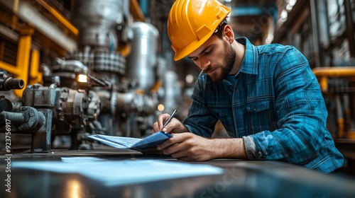 Professional engineer working on a clipboard with technical drawings, wearing safety gear with industrial machinery in the background