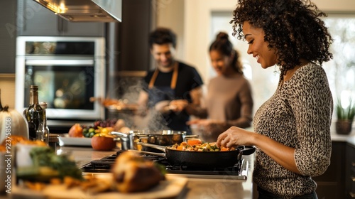 Modern Kitchen Thanksgiving Preparations - Happy People Cooking Festive Feast for Holiday Celebration