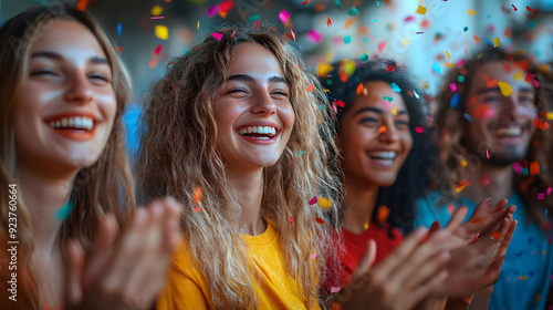 Group of happy individuals standing in a circle, clapping and smiling at each other, their celebration of victory highlighted by colorful confetti.