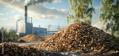 A detailed image of a massive pile of wood shavings near an industrial factory under a bright, clear sky, representing the byproduct of the wood processing industry amidst greenery.