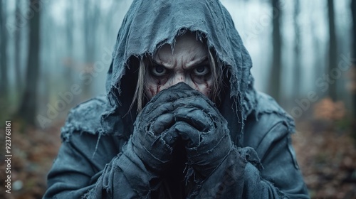 The Wanderer's Fury: A chilling portrait of a hooded figure, eyes blazing with malice, amidst a desolate forest, evoking themes of survival, horror, and the supernatural. 