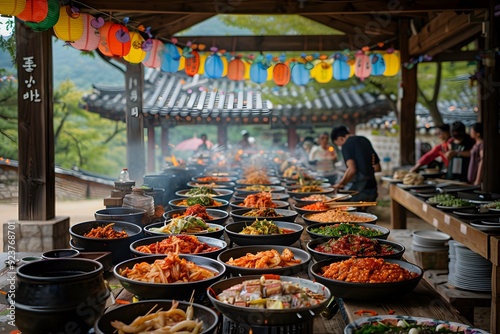 North Korean Cuisine in an Outdoor Celebration. Showcasing Traditional Food as Part of a Cultural Festivity. A Culinary Display Reflecting the Rich Heritage and Community Spirit of North Korean Cultur