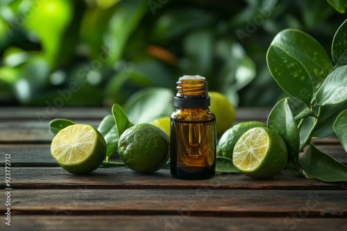 Bergamot essential oil sits on a rustic wooden table, enhanced by fresh green limes and vibrant leaves in a naturally lit setting