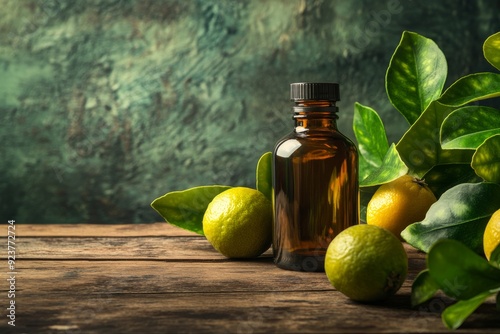 A dark amber bottle of bergamot essential oil rests on a rustic wooden table alongside fresh limes and vibrant green leaves, illuminated by soft natural light