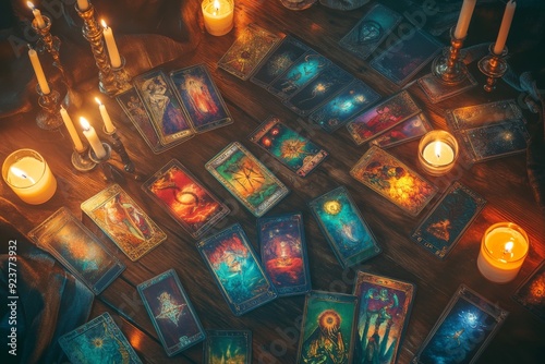 A variety of tarot cards are arranged on a wooden table, surrounded by flickering candles, creating a mystical and serene atmosphere for divination