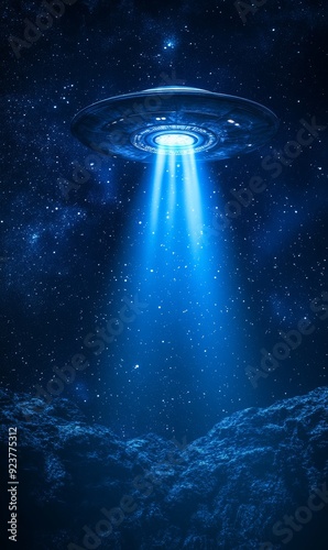 Unidentified flying object at night with fog and a light below, possibly a tractor beam. 3D illustration.