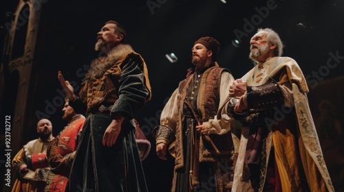 The image shows a medieval theatrical performance with actors in vibrant costumes resembling characters like a prince and a bishop in a Shakespearean-like setting.