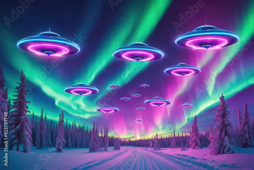 Mysterious UFOs Hovering Under Aurora Borealis Over Snowy Forest Landscape at Night