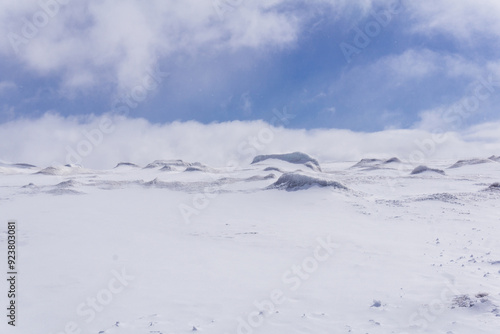 highland snowy plateau, lifeless snowy landscape with hummocks