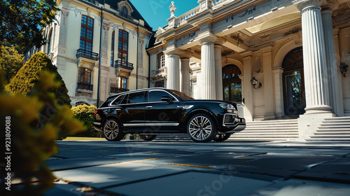 a luxury SUV black car in front of a majestic mansion, millionaire lifestyle