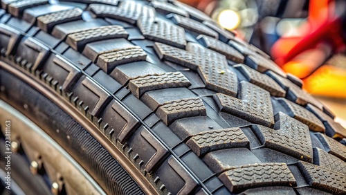 Macro shot of a motorcycle radial tire's textured surface, showcasing a circular patch with rubber layers and reinforcing fibers, highlighting repair and maintenance details.