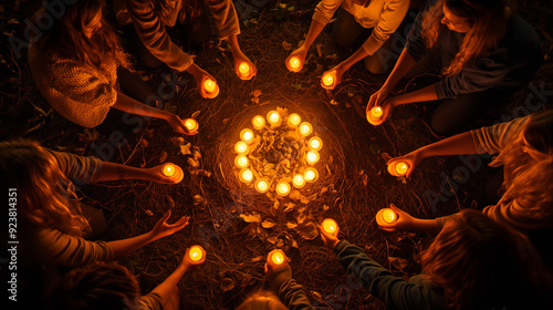 A group of people gathered in a circle, holding candles and performing a ritual or storytelling session, evoking the mystical side of Halloween. Creation, Ritual, Community