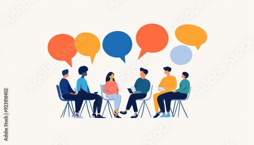 Illustration of diverse group of people having a discussion, sharing ideas, sitting in a circle. Concept of teamwork, communication, brainstorming.