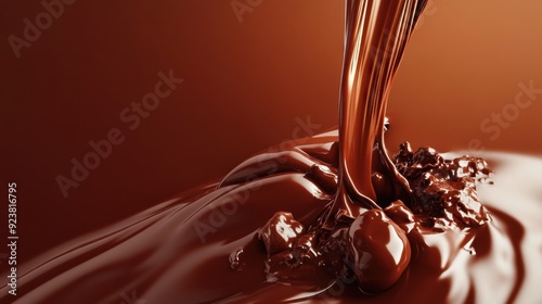 A flowing stream of liquid chocolate, rendered in a hyper-realistic style, highlighting the richness and indulgence of the treat, set against a contrasting background.