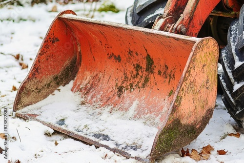 Close-up of weathered excavator bucket in