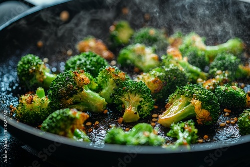 Freshly sauteed broccoli florets in a hot skillet, seasoned and lightly crisped, showcasing a healthy, simple dish.