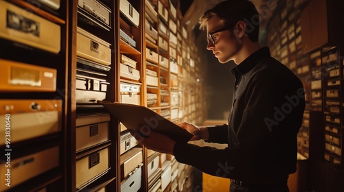 Young man researching archival documents in a vintage library during the evening