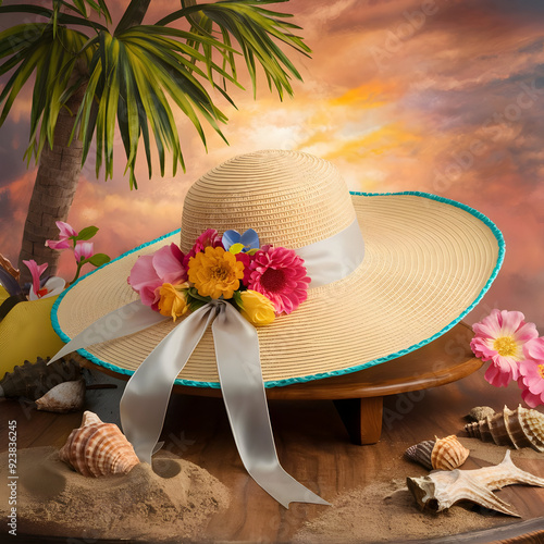 A woman's hat with flowers and seashells on a table