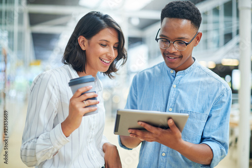 Office, business people and editor with tablet for teamwork, news article and reading story on publication. Journalism, content writer and mentor with digital for audience success, views and angle