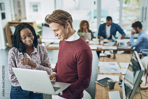 Employees, talking and laptop for editing in office, manager helping and internship advice. Staff, public relations agency and review discussion on press release, teamwork and publicity coverage