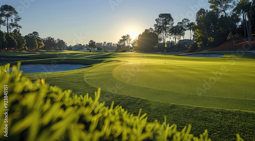 Golf course, clear sky. taken from an elevated position. Generative AI.