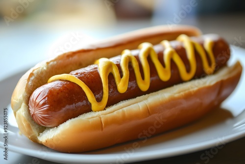 A simple hot dog in a toasted bun topped with yellow mustard served on a white plate