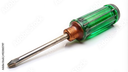 Retro-style crosshead screwdriver with worn, vibrant green plastic handle and rusty metal tip, isolated on a crisp white background, evoking nostalgia and DIY projects.