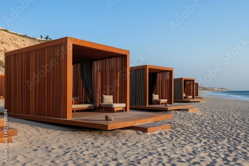 Chic beachfront cabanas with modern furnishings and privacy curtains, set against a pristine beach, modern resort, exclusive beach experience