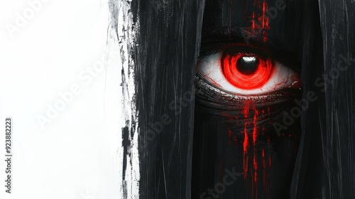 Red Eye Glowing in Darkness - A single red eye glowing in the darkness, symbolizing intensity, mystery, danger, power and evil.